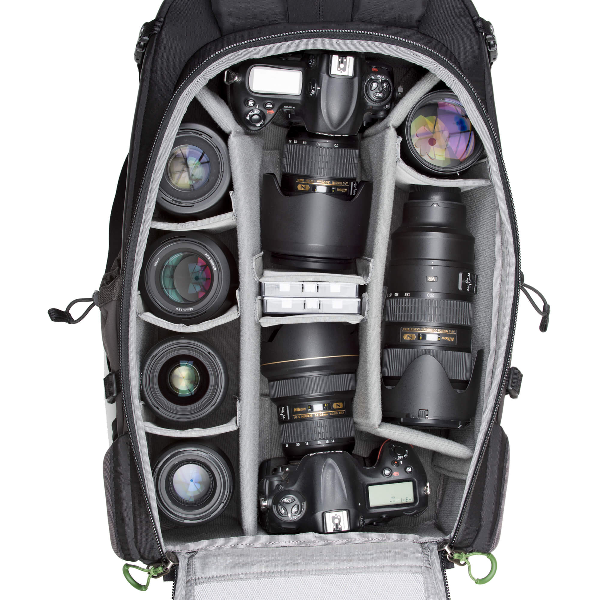 Backlight 36L Charcoal with Nikon D3S with 24-70mm f/2.8 attached, Nikon D4S with 14-24mm f/ 2.8 attached, 135mm f/2, 70-200mm f/2.8, 105mm f/2.8 macro, 85mm f/1.8, Sigma 35mm f/1.4 ART, 50mm f/1.4, filters