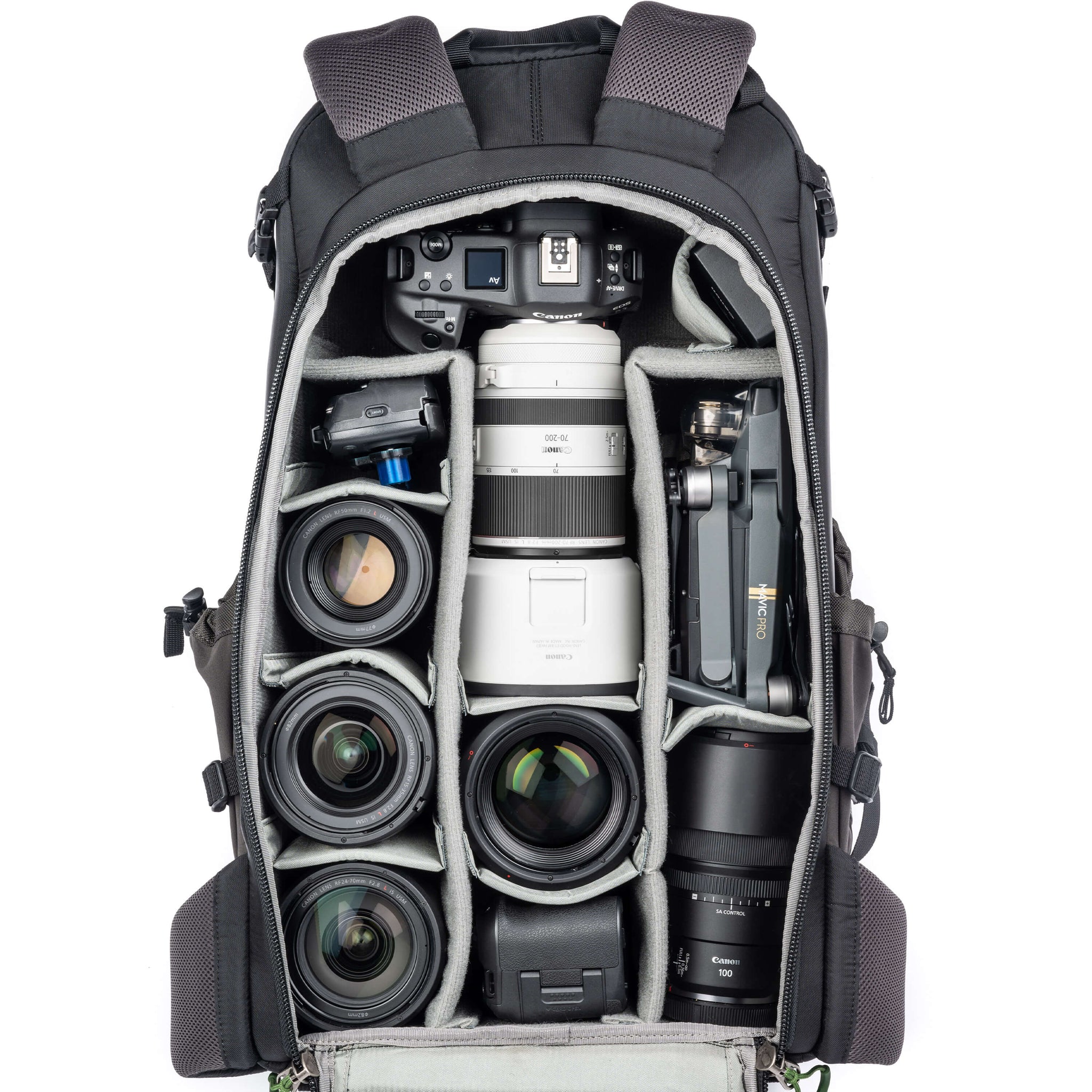 Canon R3+70-200mm f/2.8 with extended lens hood, 85mm f/1.2, R5, DJI Mavic drone, 100mm f/2.8, 50mm f/1.2, 15-35mm f/2.8, 24-70mm f/2.8