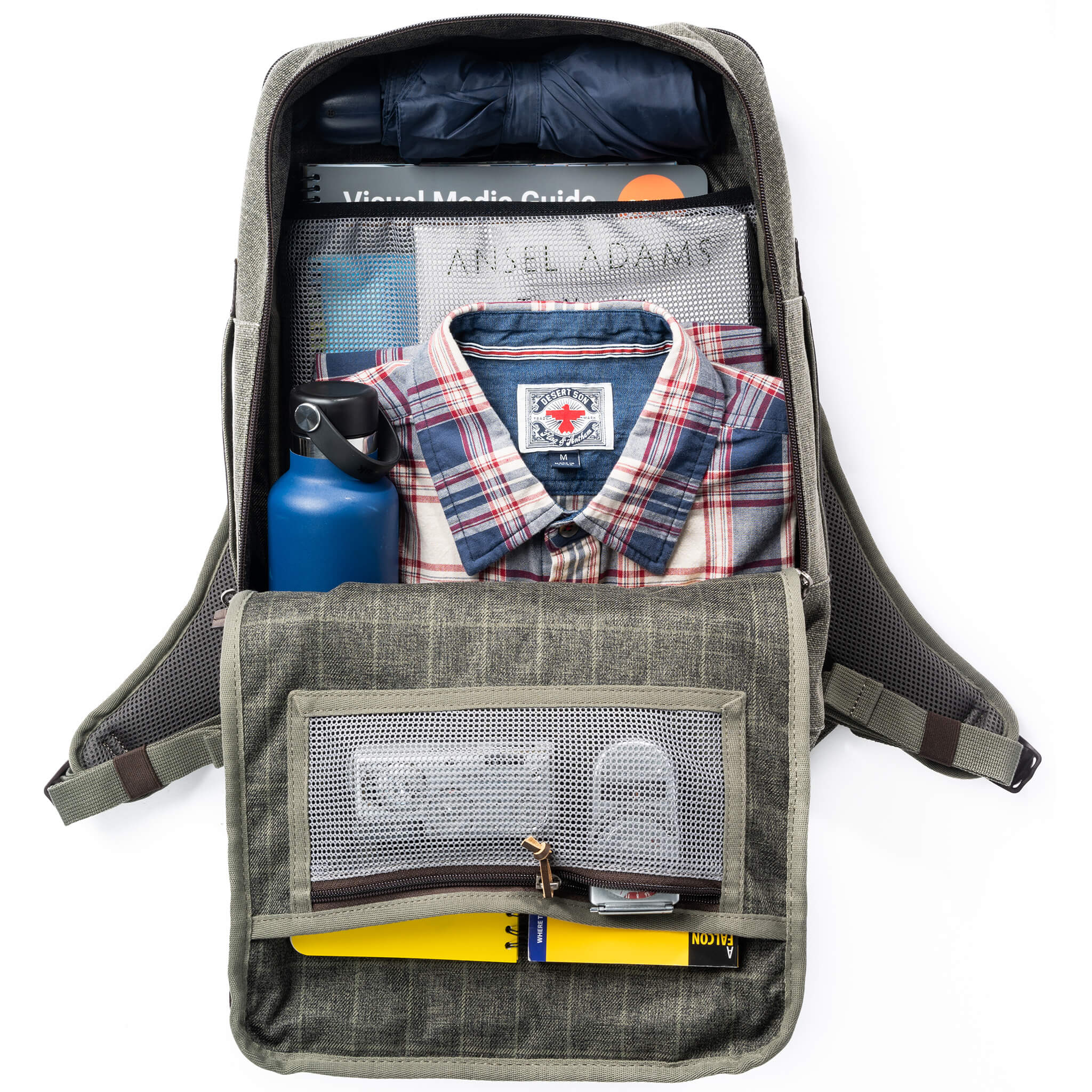 Main compartment sized to fit a pair of shoes, water bottle and light jacket. Features two mesh pockets and a Letter/A4-sized dedicated sleeve.