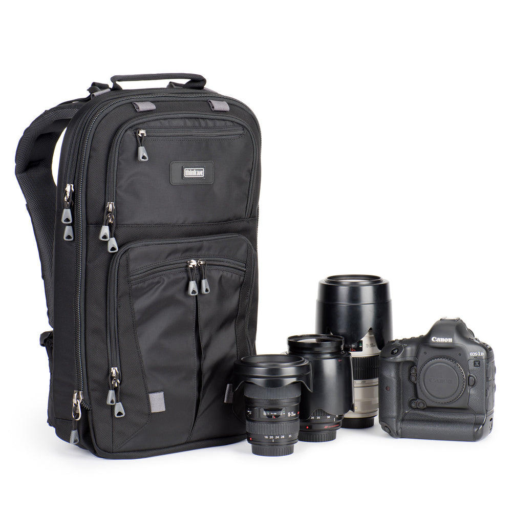 Holds a full assortment of photo gear, tripod, 15” or 17” laptop and a full size tablet